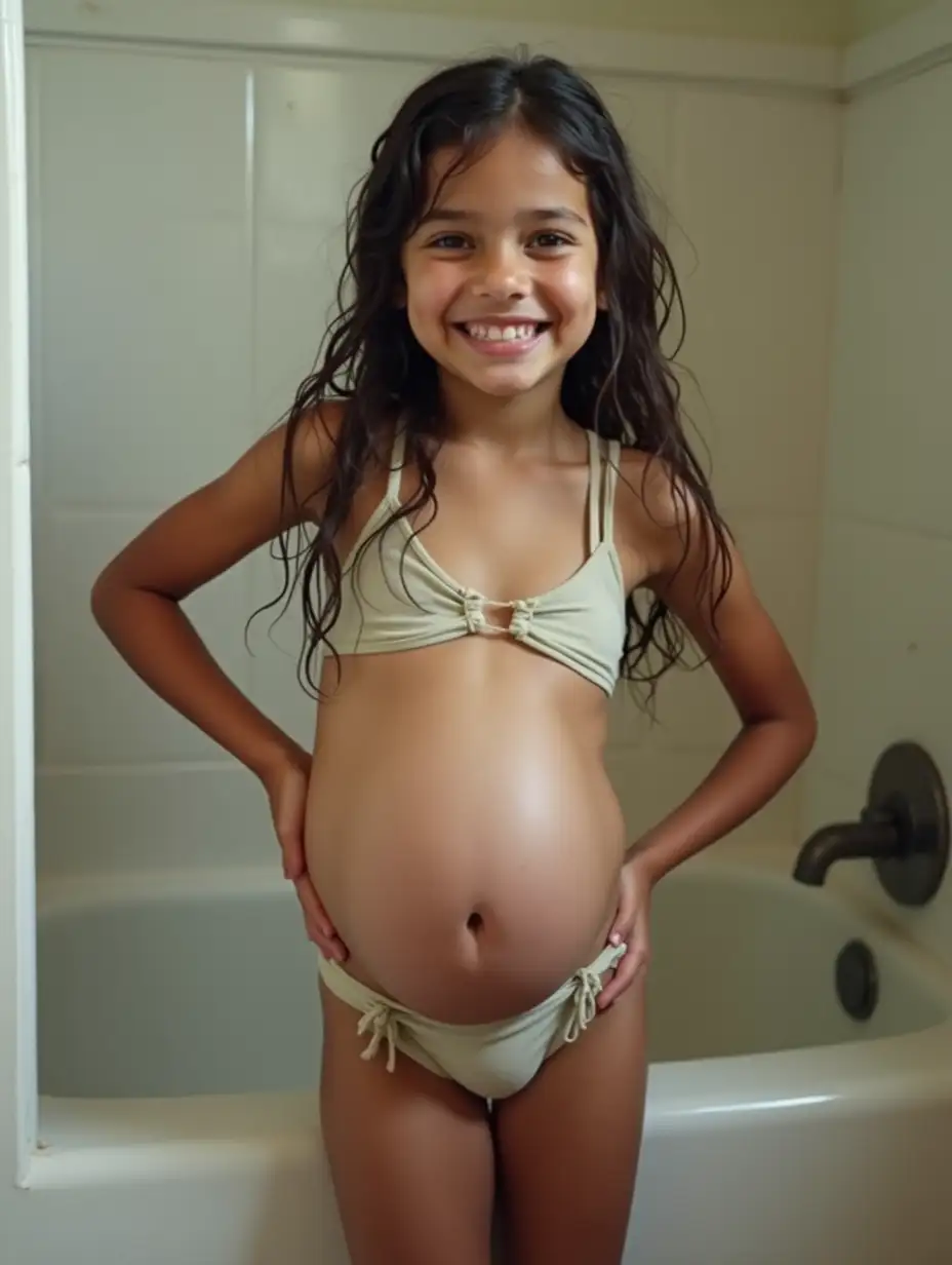 Smirking-Girl-with-Bent-Knee-and-Hand-on-Hip-in-Front-of-School-Bath