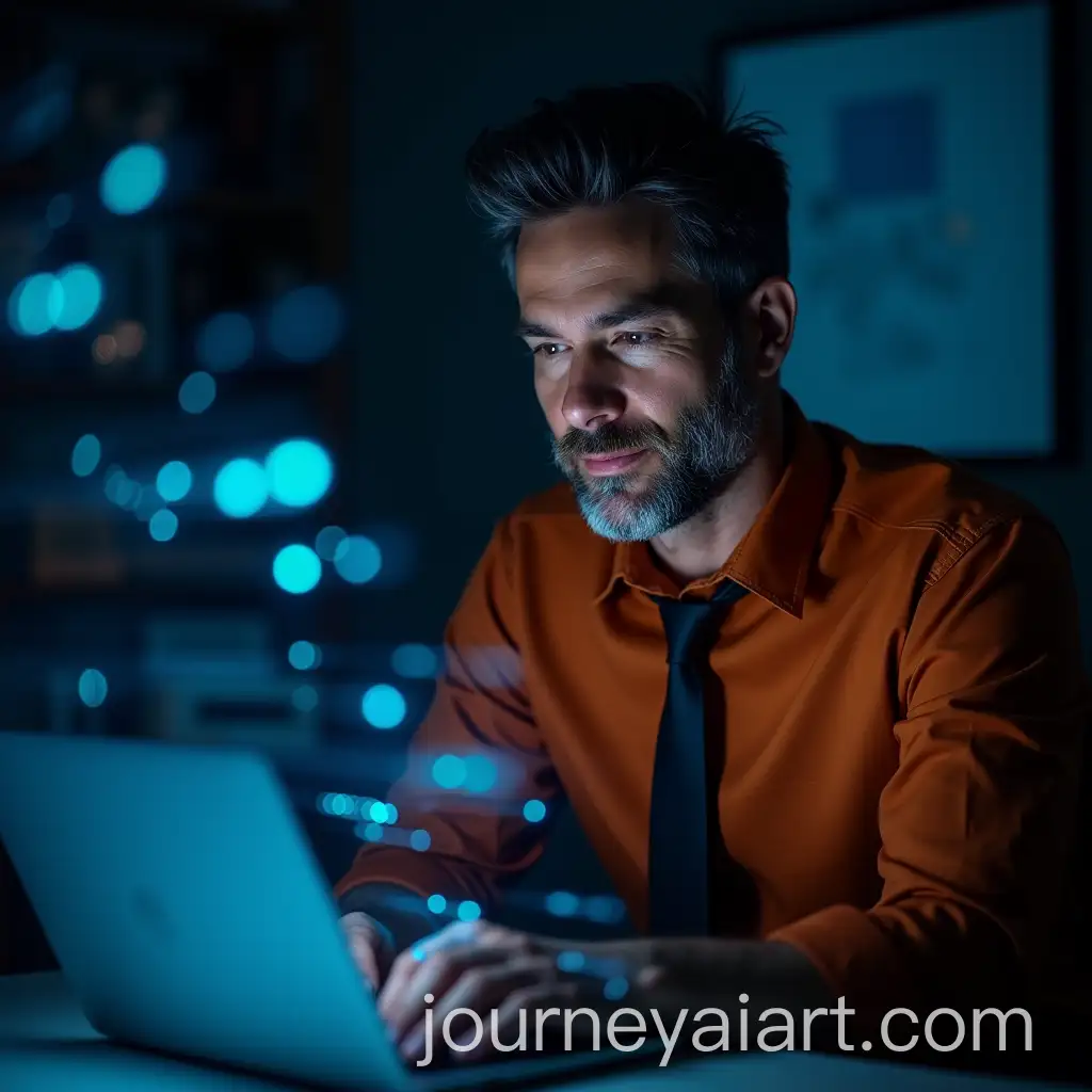 MiddleAged-Man-Working-on-Laptop-with-Floating-Holographic-Data-in-Dark-Themed-Room
