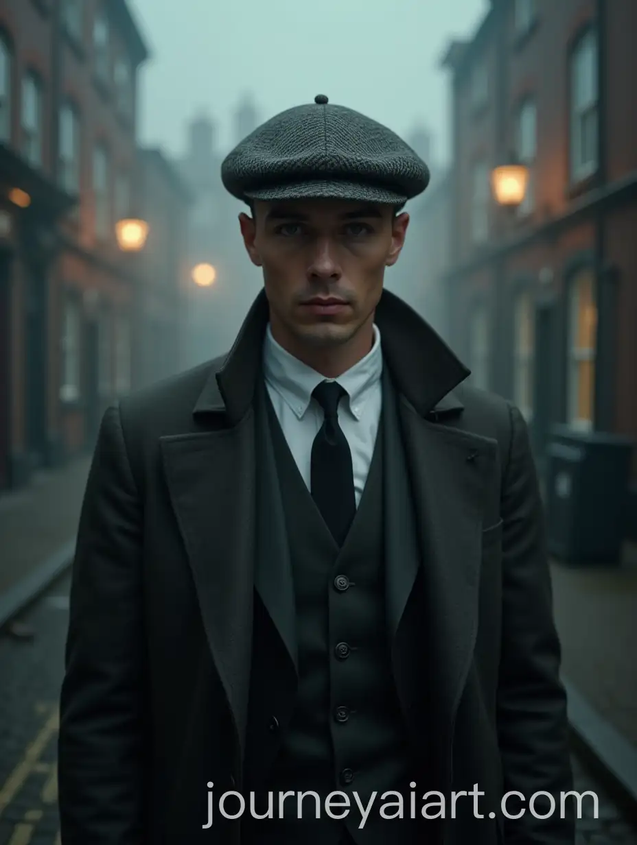 Cinematic-Portrait-of-a-Man-in-Peaky-Blinders-1920s-Charcoal-Suit-on-a-Foggy-Industrial-Street