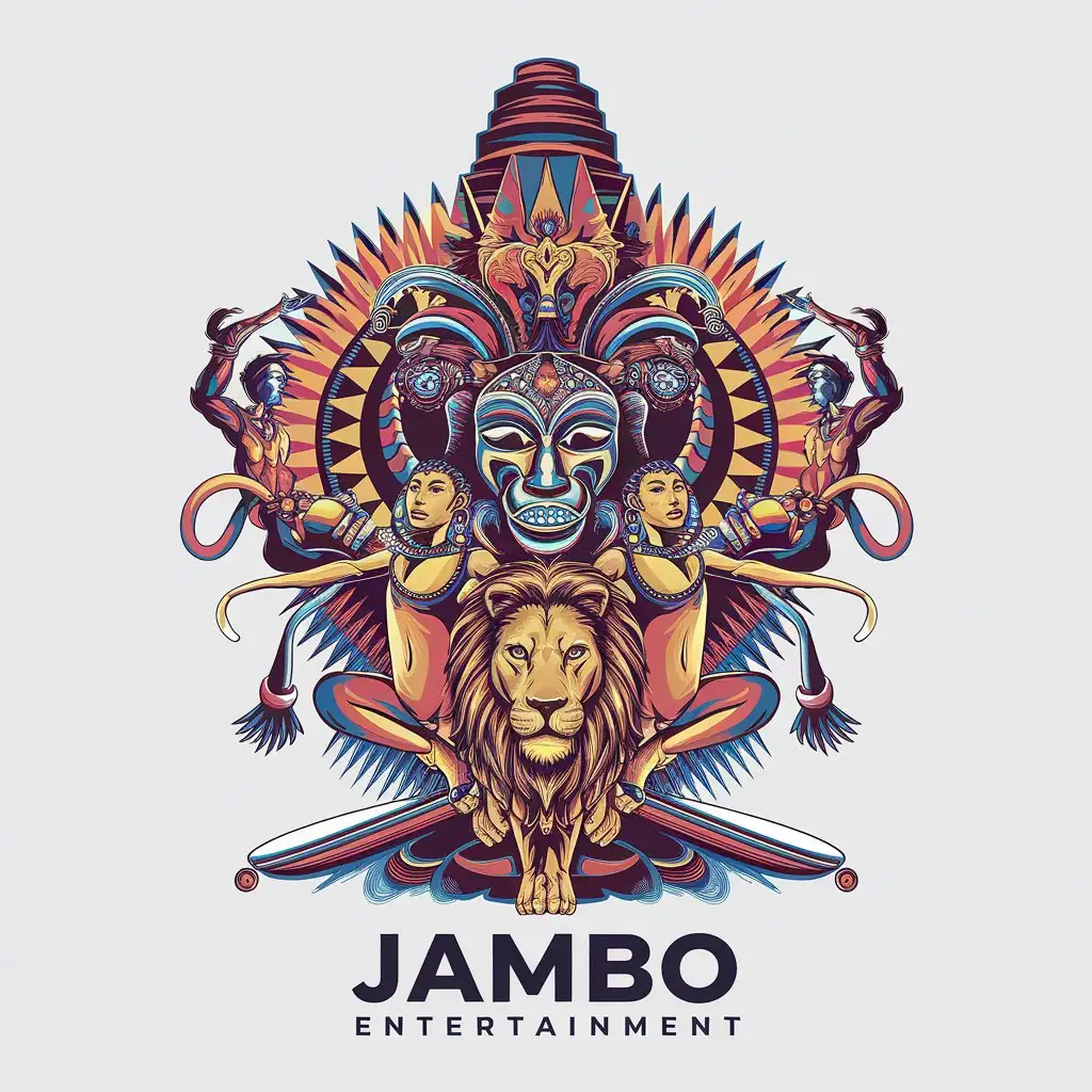 LOGO Design for JAMBO Entertainment Lion Monkey African Mask Dancers Psychedelic Sacred Temple Theme