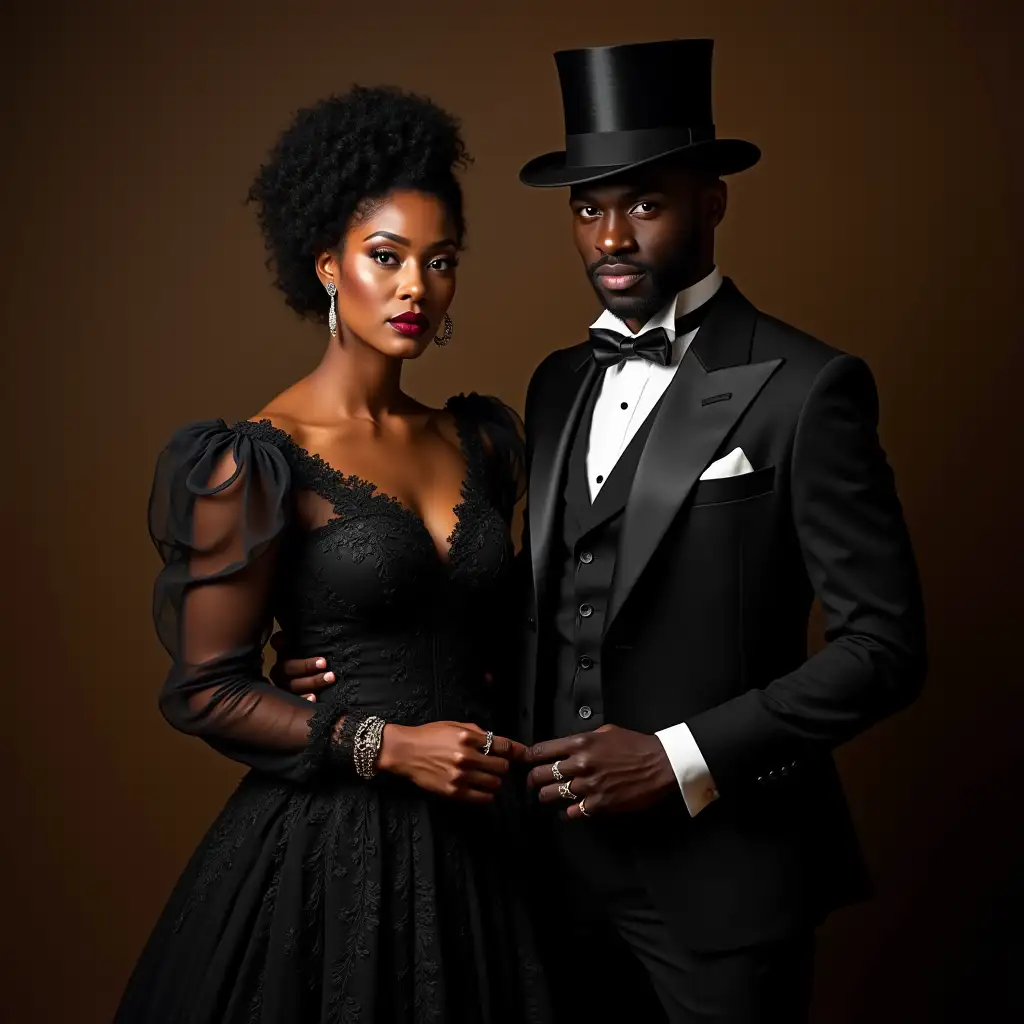 elegant black man and woman dressed in victorian clothing looking rich and successful