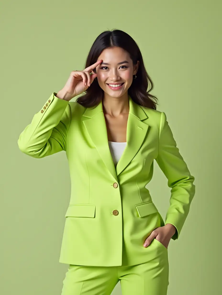 a woman in a neon green formal jacket and trousers points to her forehead with her finger and smiles on a neutral background, superrealism, 3d photo, soft light, close-up portrait