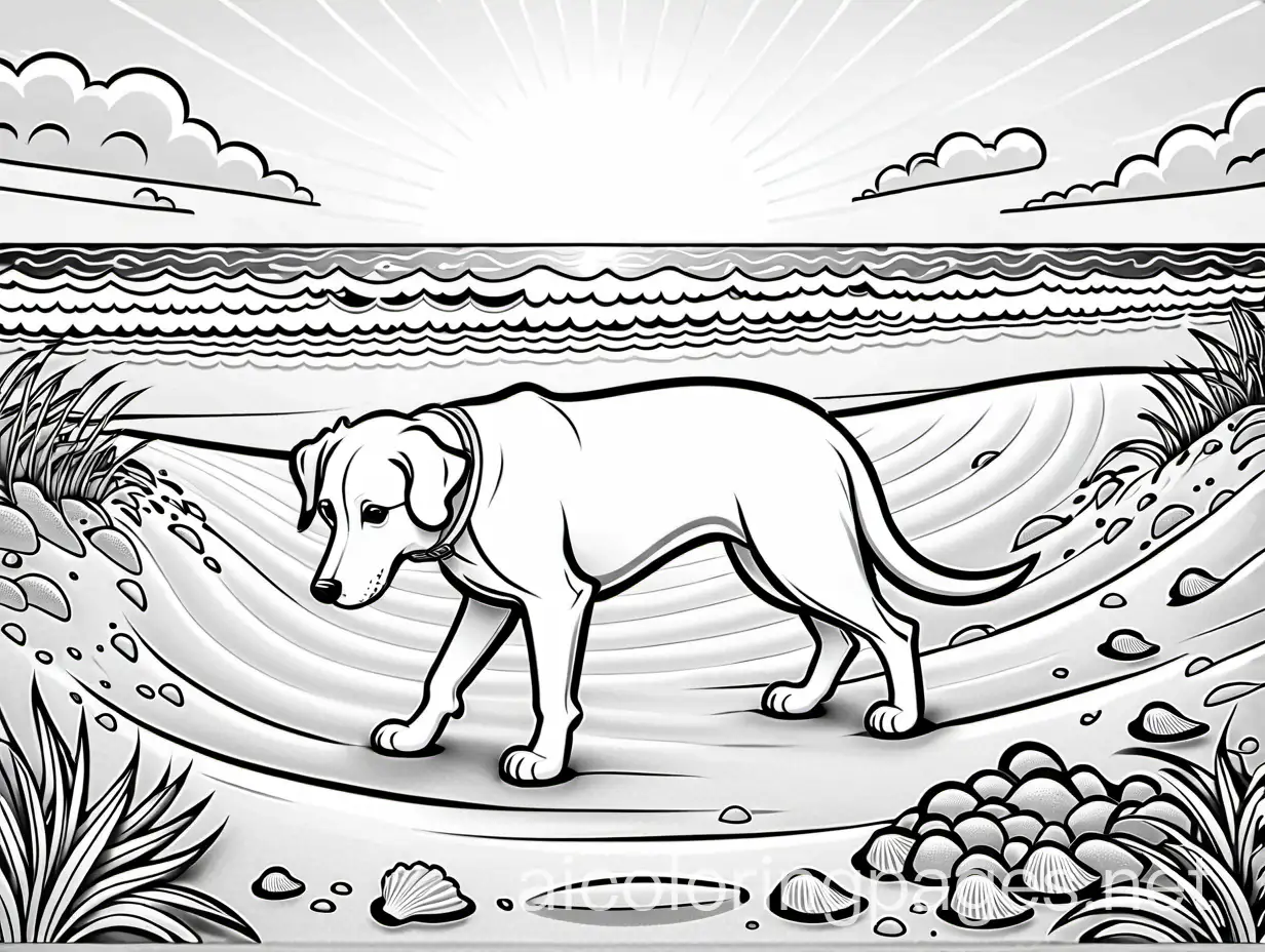 black and white coloring book page cartoon style  A dog digging in the sand at the beach, with seashells around. Coloring Page, black and white, line art, white background, Simplicity, Ample White Space. The background of the coloring page is plain white to make it easy for young children to color within the lines. The outlines of all the subjects are easy to distinguish, making it simple for kids to color without too much difficulty, Coloring Page, black and white, line art, white background, Simplicity, Ample White Space. The background of the coloring page is plain white to make it easy for young children to color within the lines. The outlines of all the subjects are easy to distinguish, making it simple for kids to color without too much difficulty, Coloring Page, black and white, line art, white background, Simplicity, Ample White Space. The background of the coloring page is plain white to make it easy for young children to color within the lines. The outlines of all the subjects are easy to distinguish, making it simple for kids to color without too much difficulty