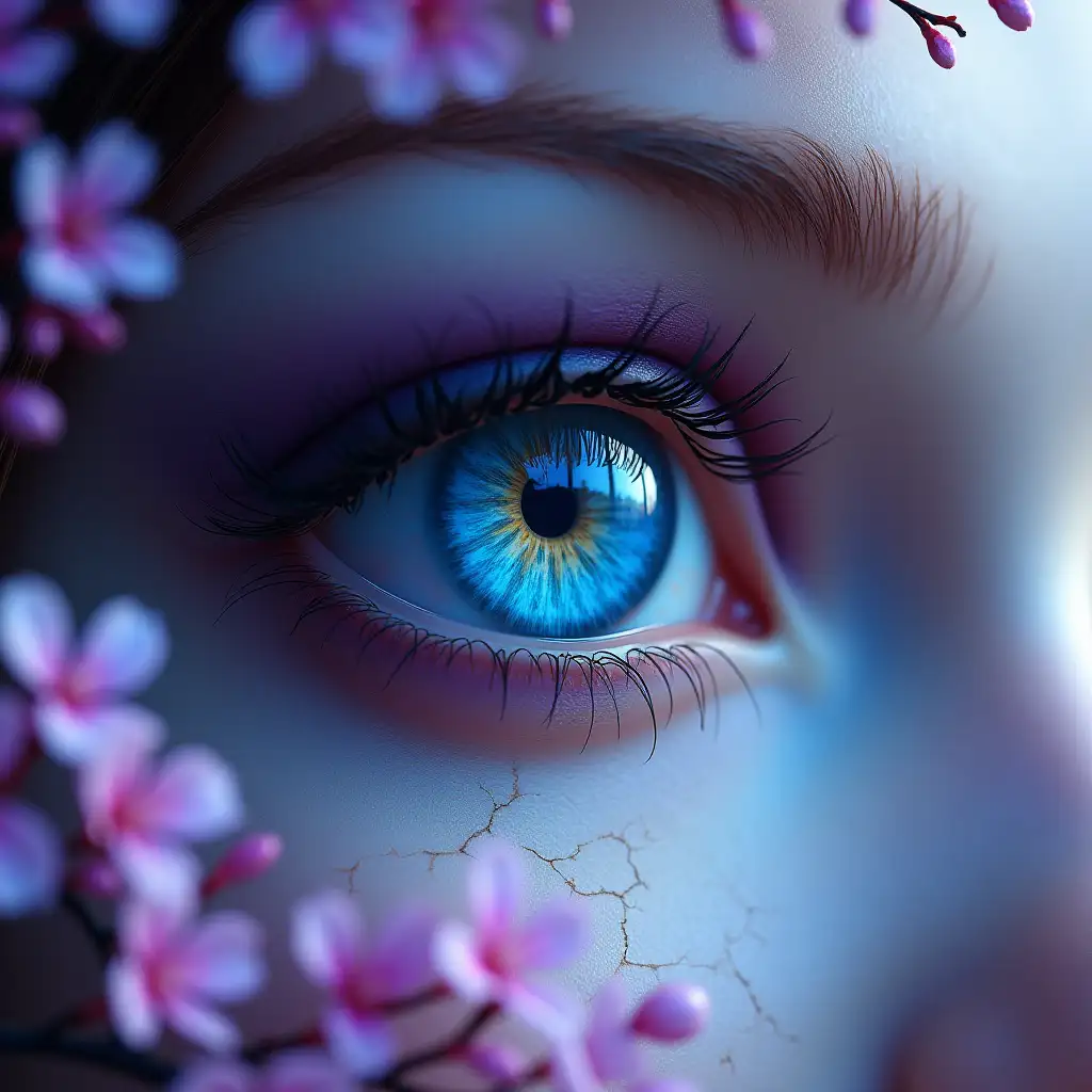 Surreal eye art, vibrant blue iris, purple and pink floral details, cherry blossom branches, cracked porcelain skin, hyper-realistic, 3D render, macro photography, fantasy concept, ethereal lighting, intricate details, magical realism, digital painting, high contrast, depth of field, close-up shot, mystical atmosphere