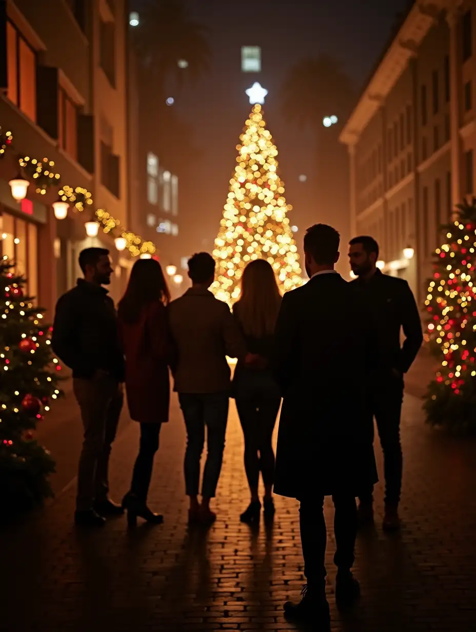 Company at New Year near the Christmas tree five people