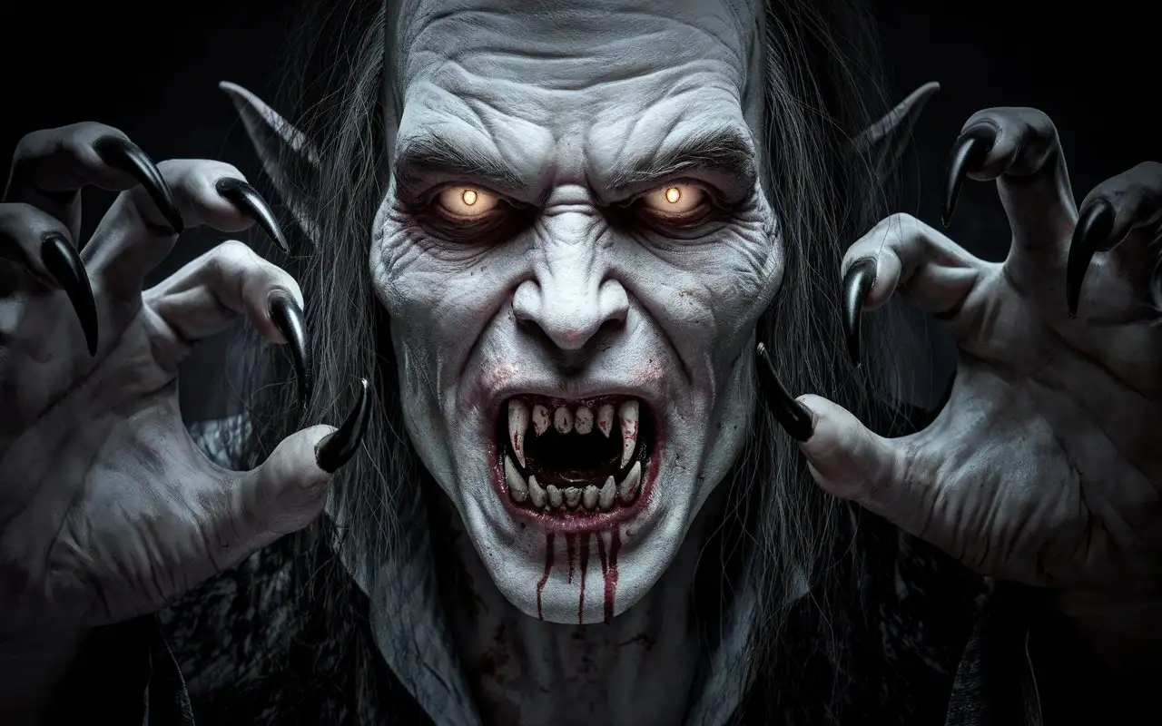 Here's a prompt based on the image: **Prompt:** A terrifying, ghoulish vampire with sickly pale skin and long, sharp, black fingernails. It has hollow eyes that glow with an eerie, unsettling light. Its mouth is open, revealing rows of sharp, jagged teeth and blood-stained gums. The him face is gaunt and heavily wrinkled. It has long, dark, unkempt hair. The is holding its hands up near its face in a menacing pose. The overall mood is dark, disturbing, and horrifying.