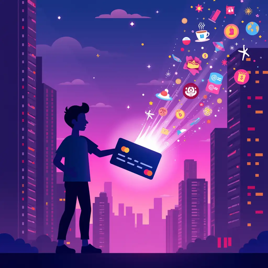 An illustrated promotional image for a bank's credit card targeting young customers, set against a vibrant cityscape with tall, modern skyscrapers under a twilight sky dominated by shades of purple and neon accents. In the center of the composition is a large, sleek credit card, radiating a soft glow. A young person's silhouette, seen from behind, slides the card dramatically, creating a dynamic motion effect. From the card, a stream of vibrant icons bursts forth, including gourmet food, steaming coffee cups, shopping bags, and travel elements, symbolizing convenience, modern living, and enjoyment. The overall style is sleek, dynamic, and infused with energy, blending the purple-toned urban setting with playful, modern illustration details.