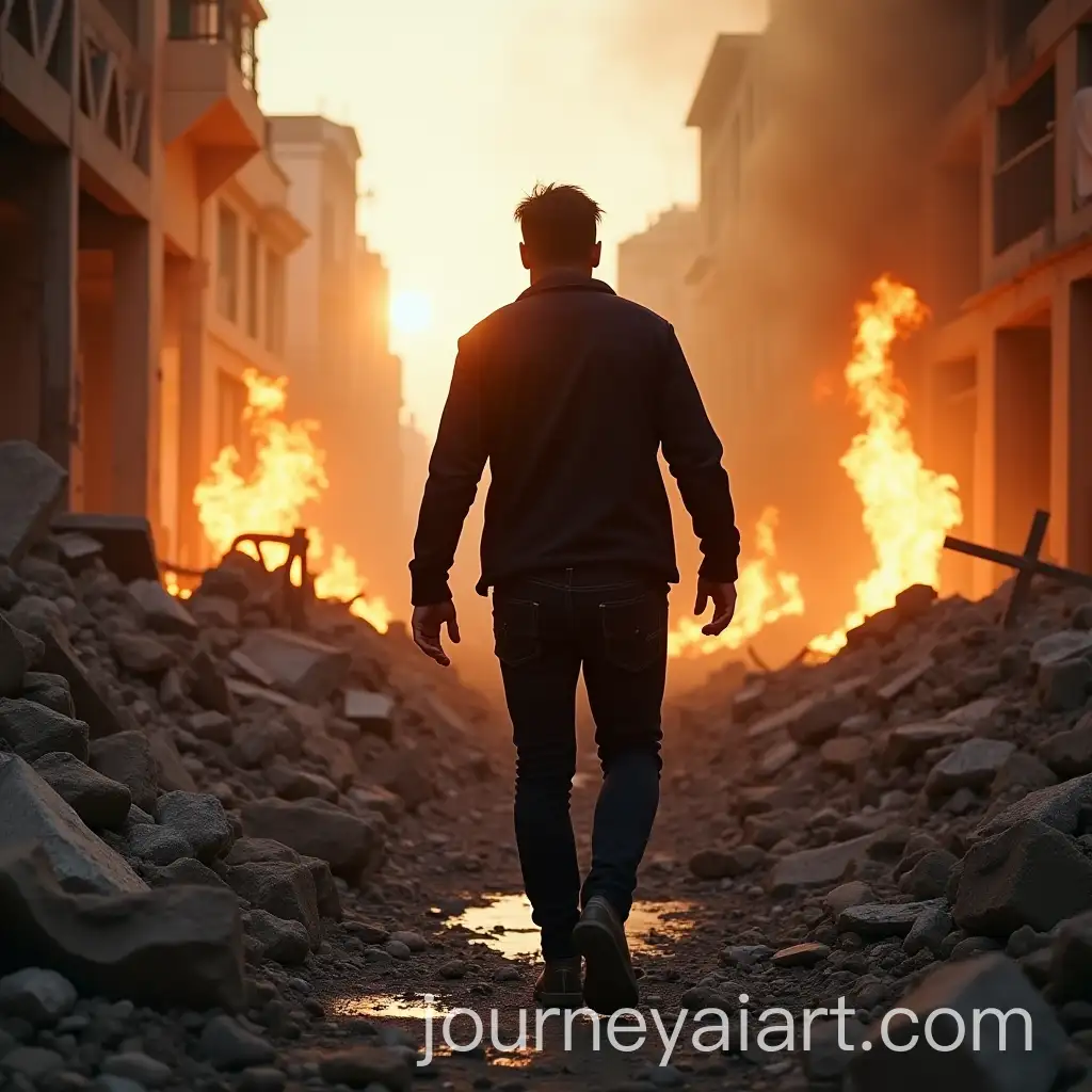Man-in-Black-Clothing-Walking-Through-Rubble-and-Explosions