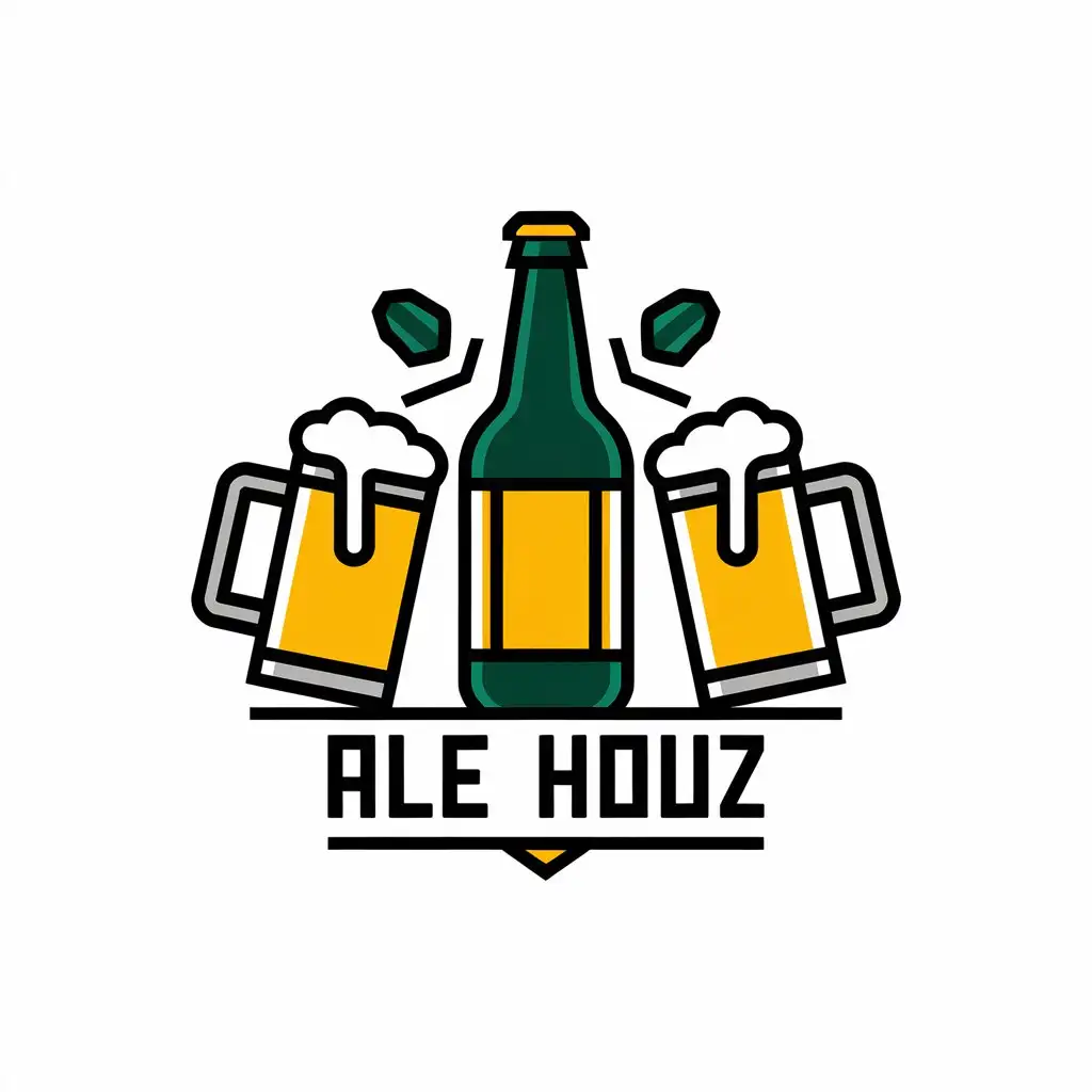 a vector logo design,with the text "Ale Houz", main symbol:beer mug, beer bottle, beer glass,complex,clear background