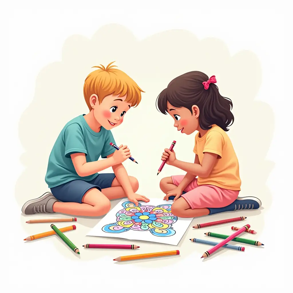 children coloring with pencils, vector graphic