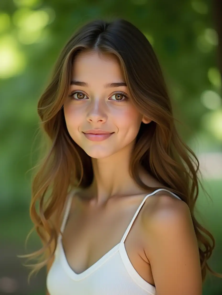 A portrait of a young woman with long, flowing brown hair and big, expressive brown eyes. She is wearing a simple white tank top and her skin is smooth and flawless. The background is a soft blur of green foliage, creating a sense of tranquility and peace. The lighting is soft and natural, highlighting her features. The overall mood is one of innocence and