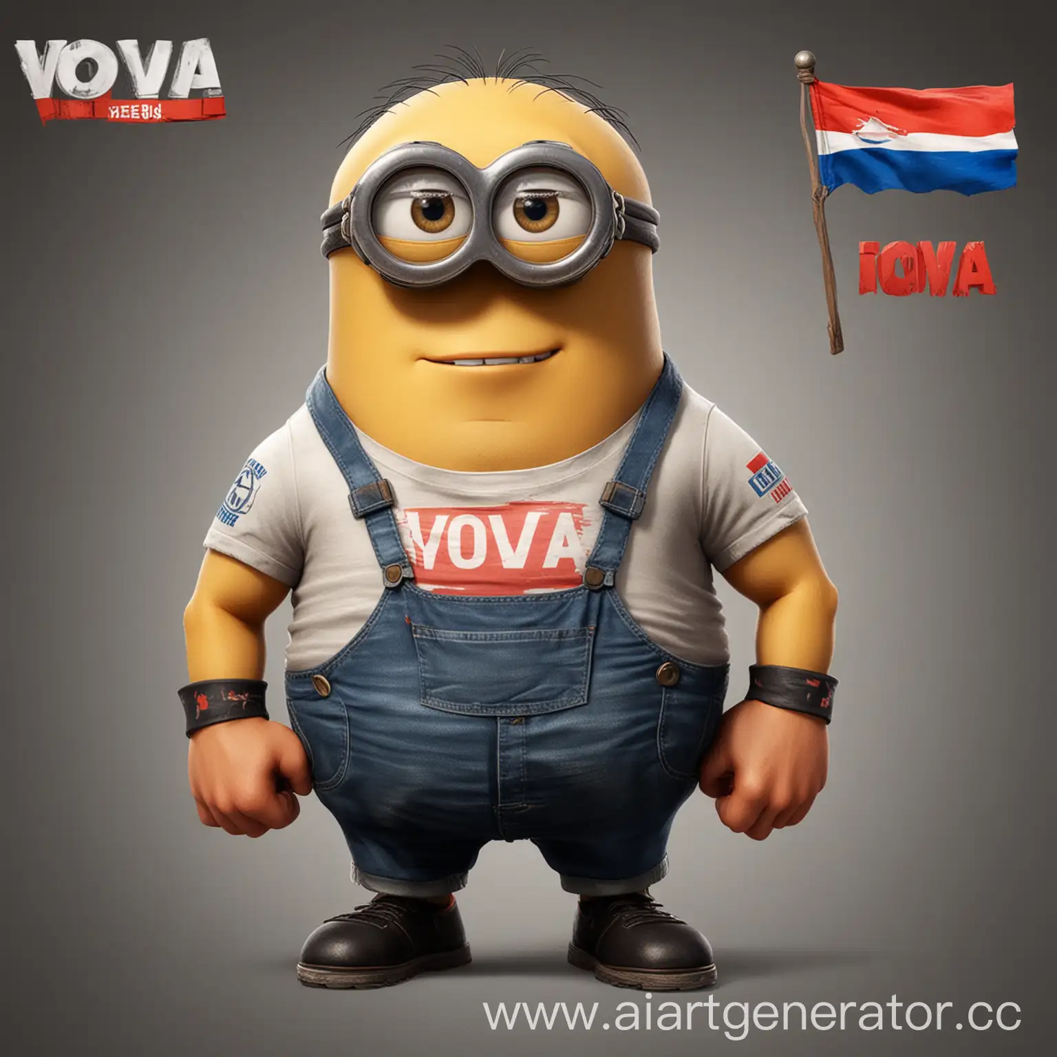 buff and muscular Minion from the cartoon 'Despicable Me' wearing a t-shirt with the Russian flag and text 'VOVA'