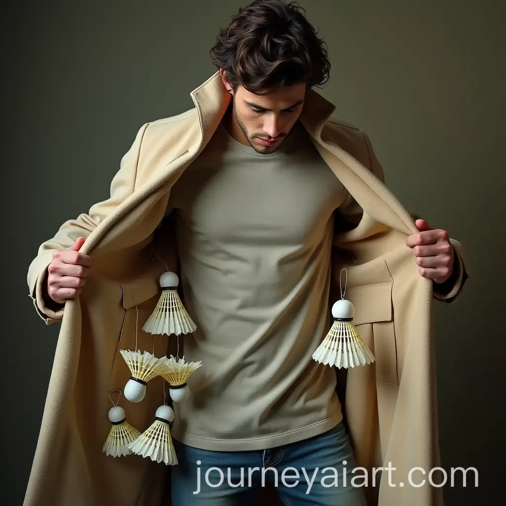 Young-Drug-Dealer-Revealing-Badminton-Shuttlecocks-Under-Beige-Coat