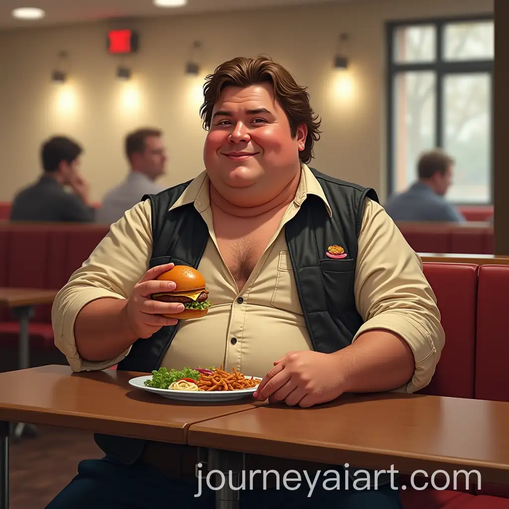 Chubby-Man-in-Han-Solo-Cosplay-Eating-Greasy-Burger-in-Cafeteria