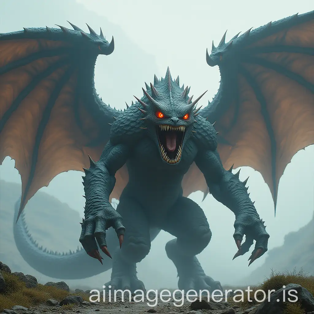 A monster the size of a mountain with 10 red eyes, teeth and sharp claws, enormous and cutting wings covered with hair and scales moving on 4 legs
