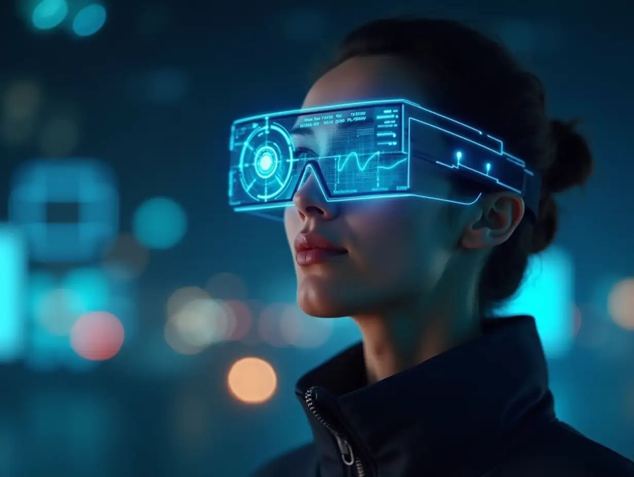 Close-up of a person wearing augmented reality glasses displaying digital interfaces and data insights in a futuristic environment