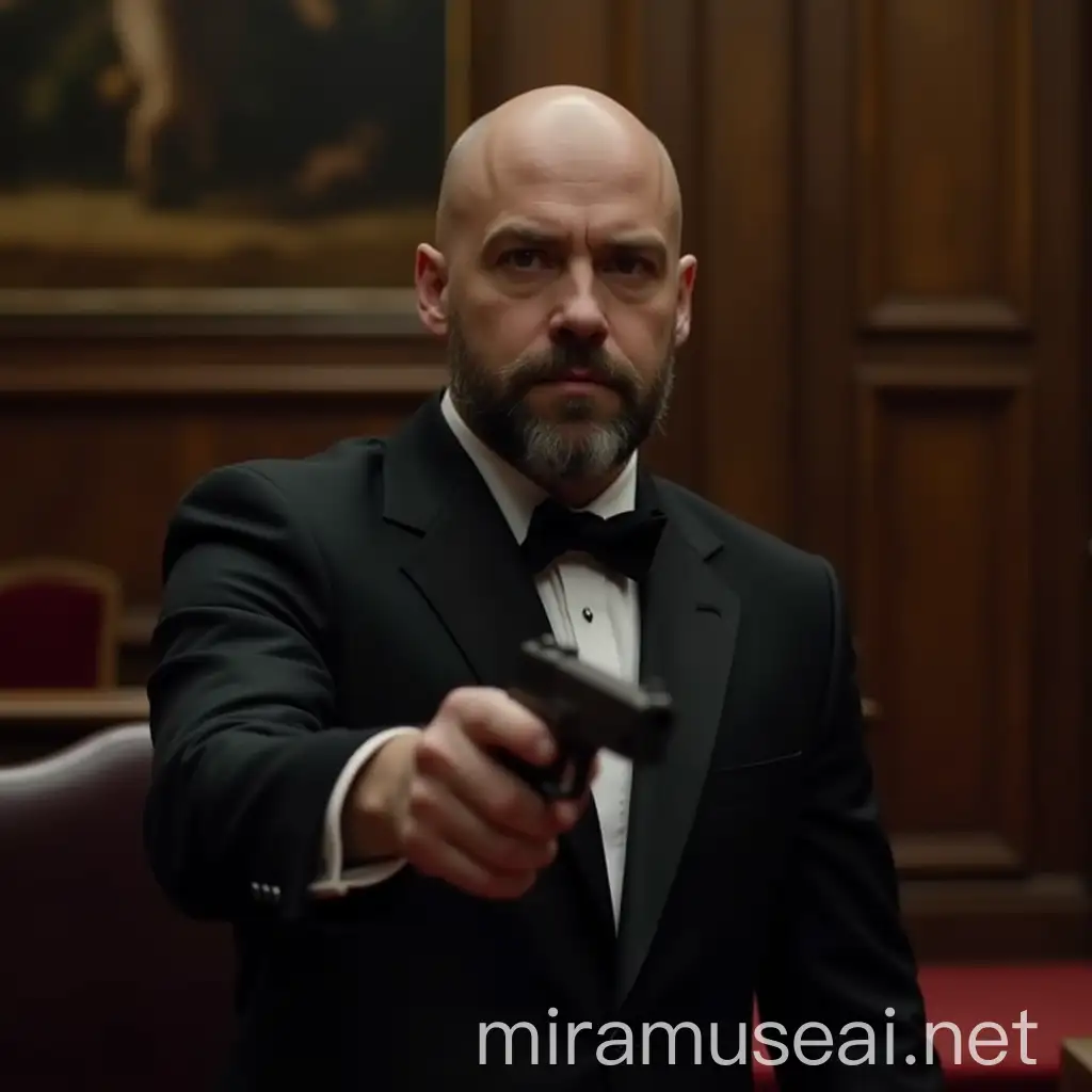 Bald Man in Black Suit with Bow Tie Holding Handgun in Parliament