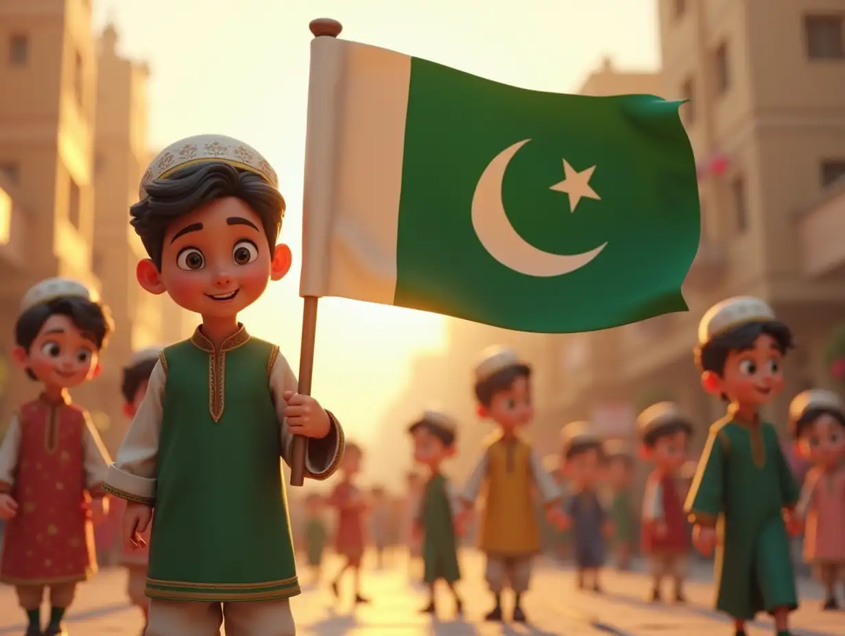 A 3D-pixar style image of a lively street celebration in the morning, A boy in the foreground holding a correctly designed large Pakistani flag. he and other children are wearing traditional Pakistani dresses and some wearing Muslim caps