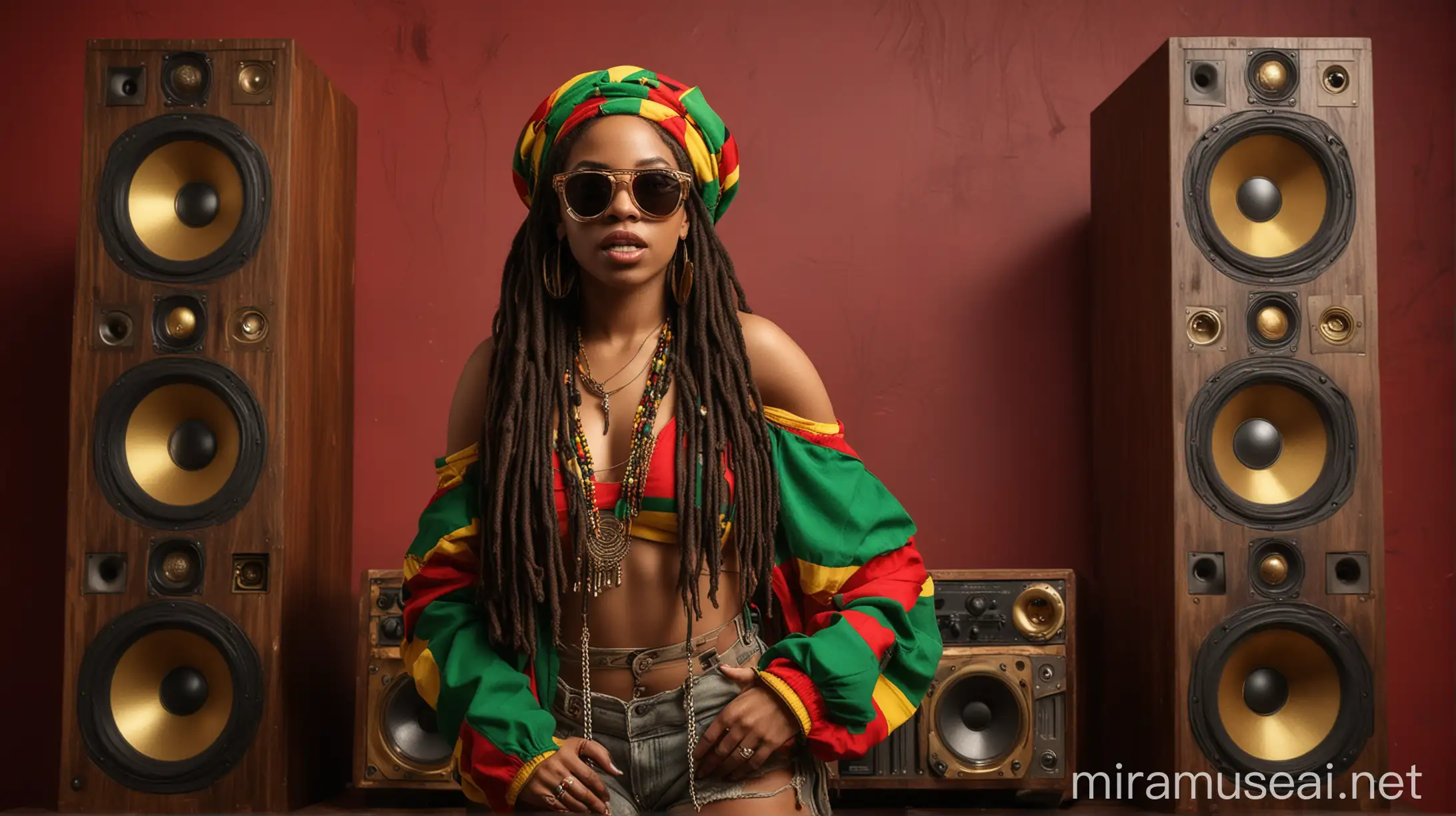 Jamaican Dancehall Female in RastaThemed Outfit with Big Speakers