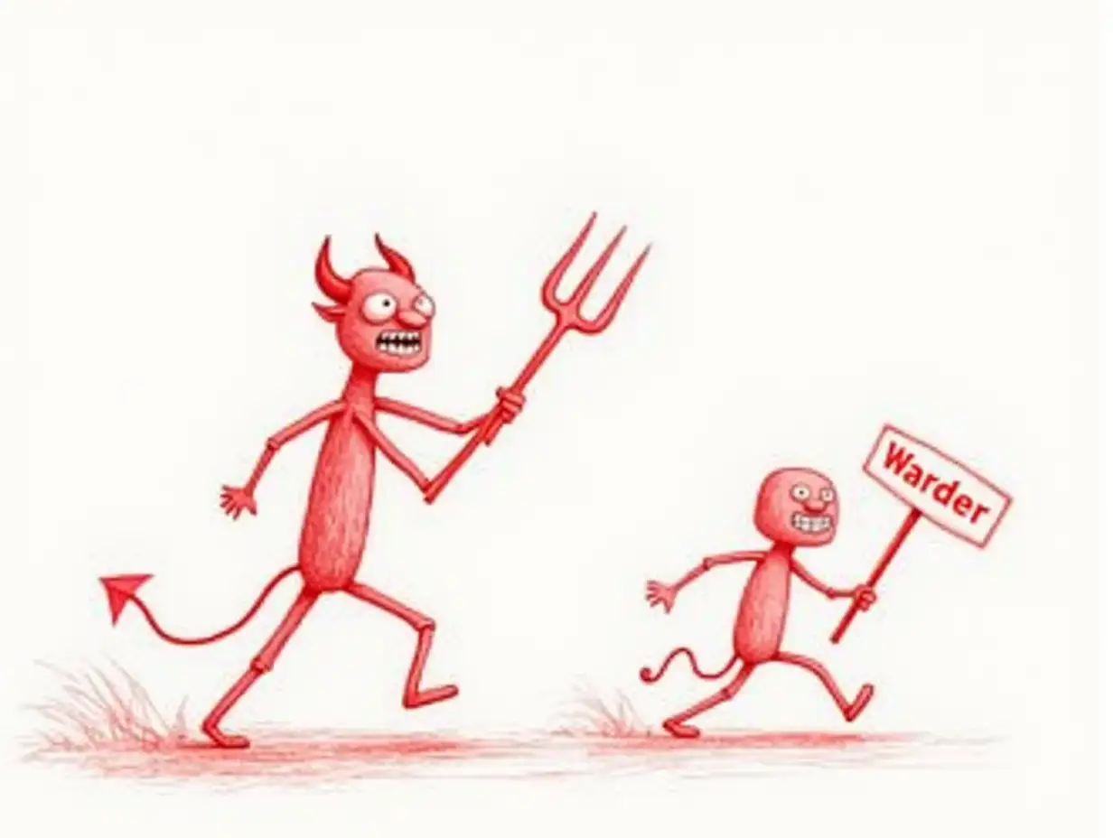 create a Red pencil stick figure cartoon of a horned devil with a pitchfork chasing a second human stick figure character wearing a 'Warden' sign around his neck