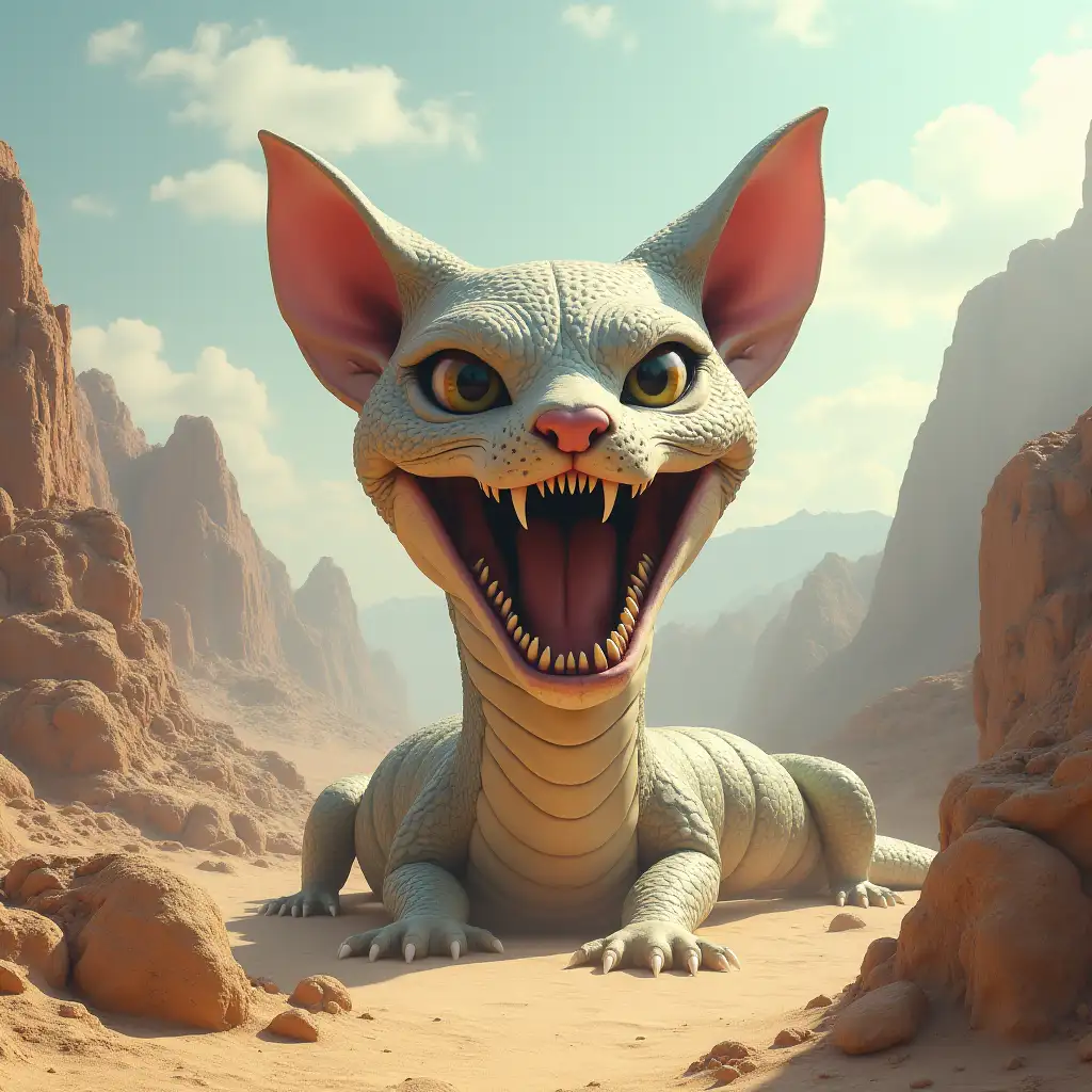 Create an image a 10 meter tall snake with cat's face, open mouth and long teeth between mountains with sand and detail of parts and lighting.