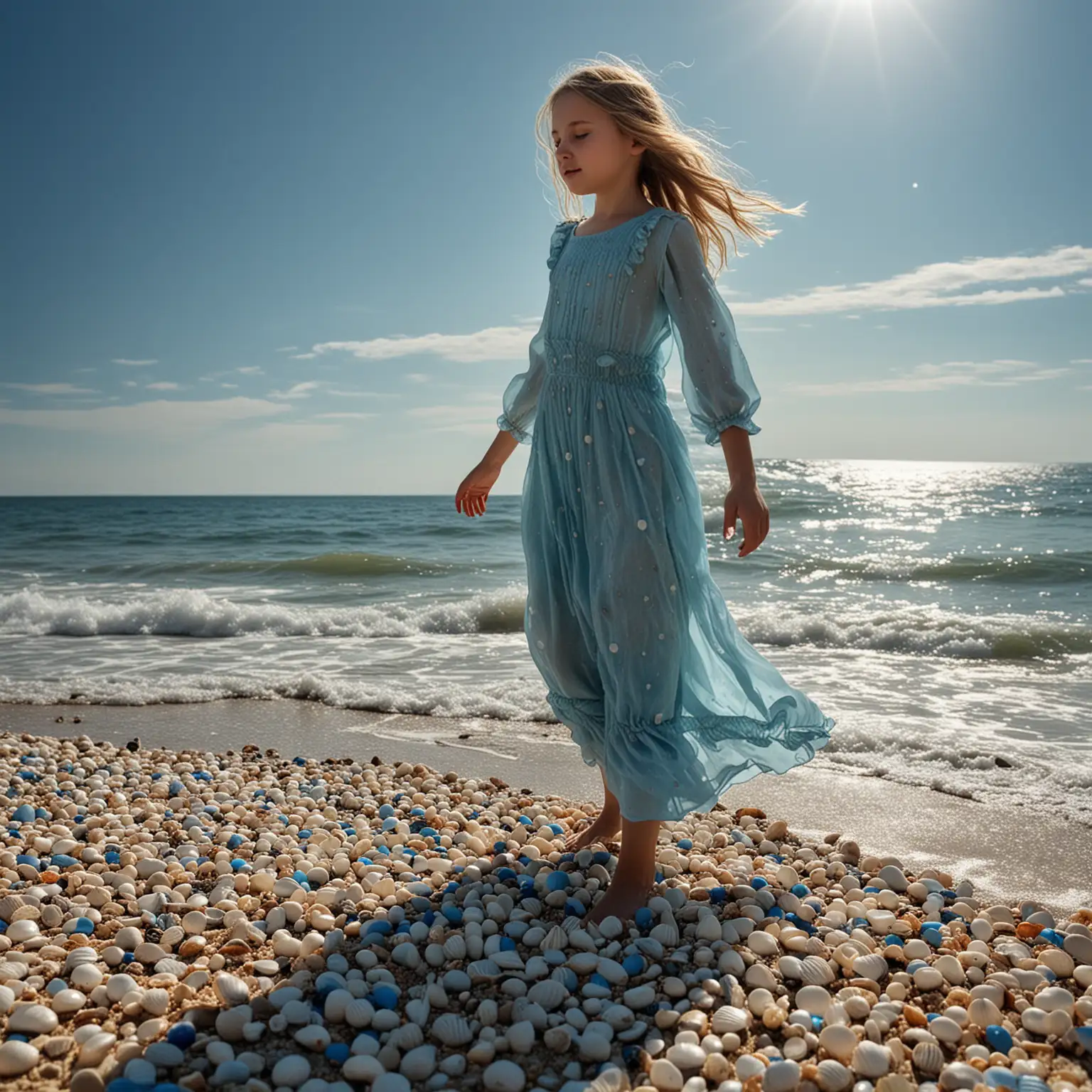 Girl-Searching-for-Pearls-in-Shells-on-a-Bright-Blue-Seashore