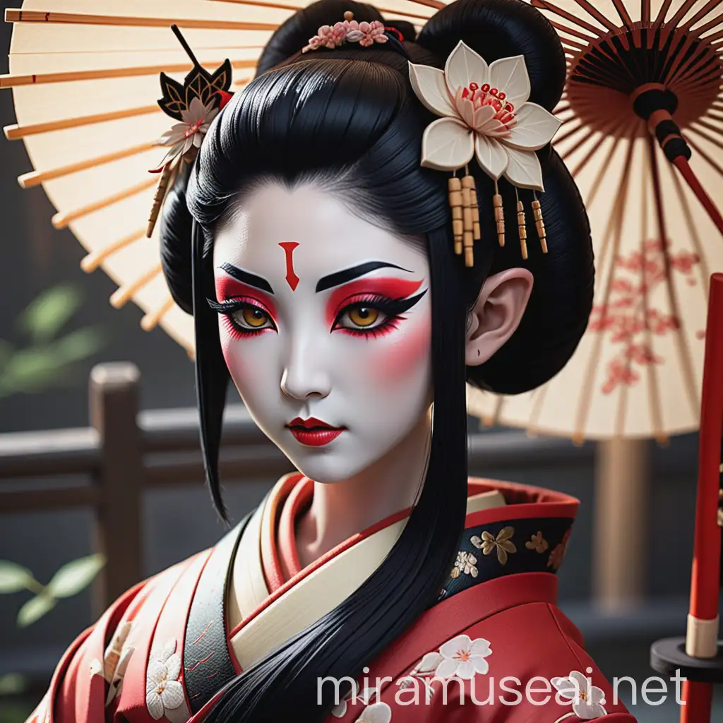 HalfElf Geisha with Wareshinobu Hairstyle in Medieval Fantasy Style