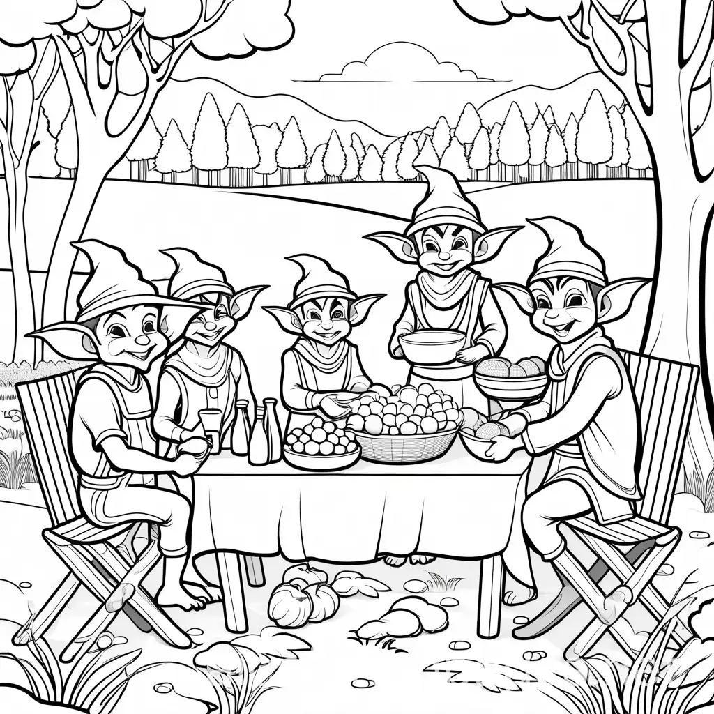 a group of goblins enjoying a picnic after a day of hard working in the fields, Coloring Page, black and white, line art, white background, Simplicity, Ample White Space. The background of the coloring page is plain white to make it easy for young children to color within the lines. The outlines of all the subjects are easy to distinguish, making it simple for kids to color without too much difficulty