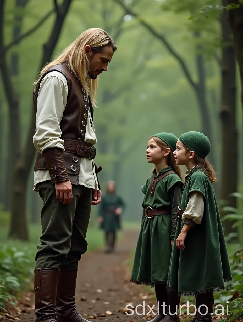 Tall-Blond-Man-in-Medieval-Attire-Talking-to-GreenCapped-Dwarves-in-Forest-Setting