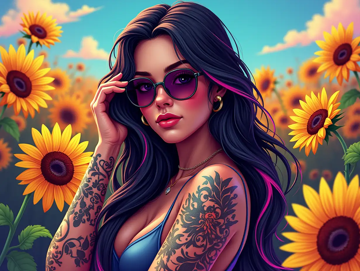 Create a vibrant, hyperrealistic digital artwork of a confident young woman with long black hair accented by purple and pink highlights. She wears stylish sunglasses and has intricate tattoos on her arms, dressed in a chic outfit. The background features a colorful blur of blooming sunflowers and cheerful flowers for a lively atmosphere. Incorporate a bold, graffiti-style artwork with the phrase 'MINDING MY OWN small business' in vibrant, contrasting colors. The letters should appear dripping with paint, surrounded by dynamic abstract shapes and patterns.