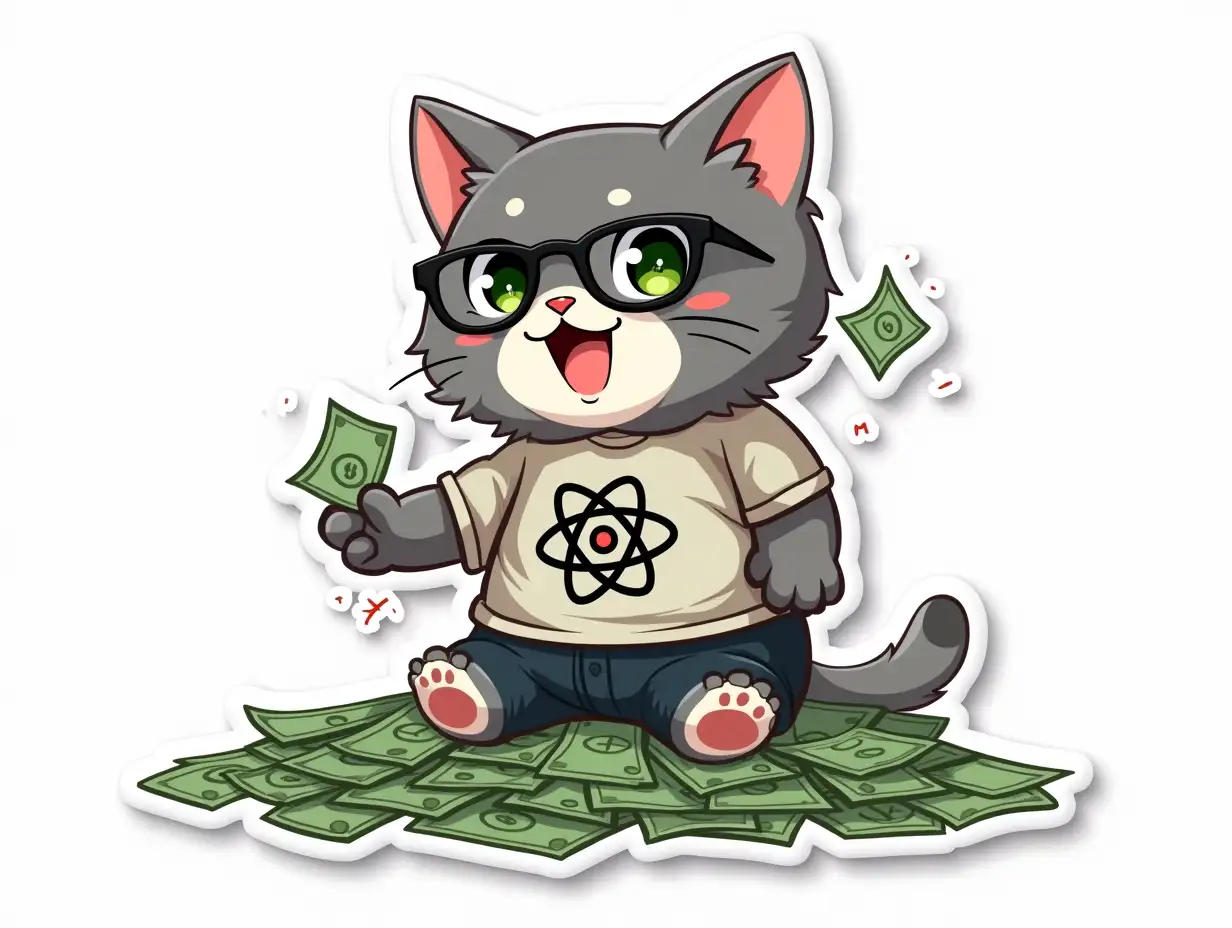 A curvilarly cut sticker depicting a kawaii positive fluffy gray cat with glasses and green eyes in office clothes with an atom symbol on t-shirt. The cat sits on a pile of money and throws banknotes over himself. Vibrant and dynamic die cut sticker design top-view, high resolution, vector art, white background, paint in anime style