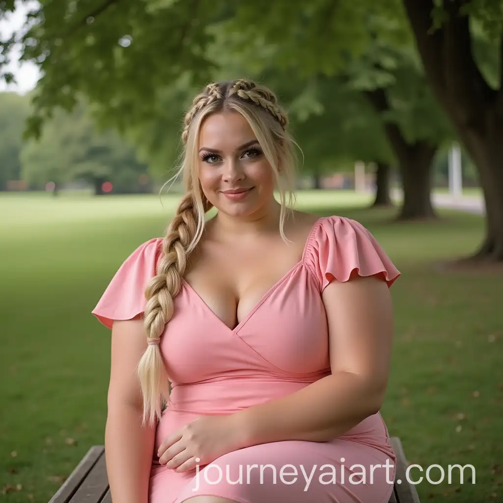 Seductive-British-Woman-in-Pink-Dress-Sitting-in-a-Park