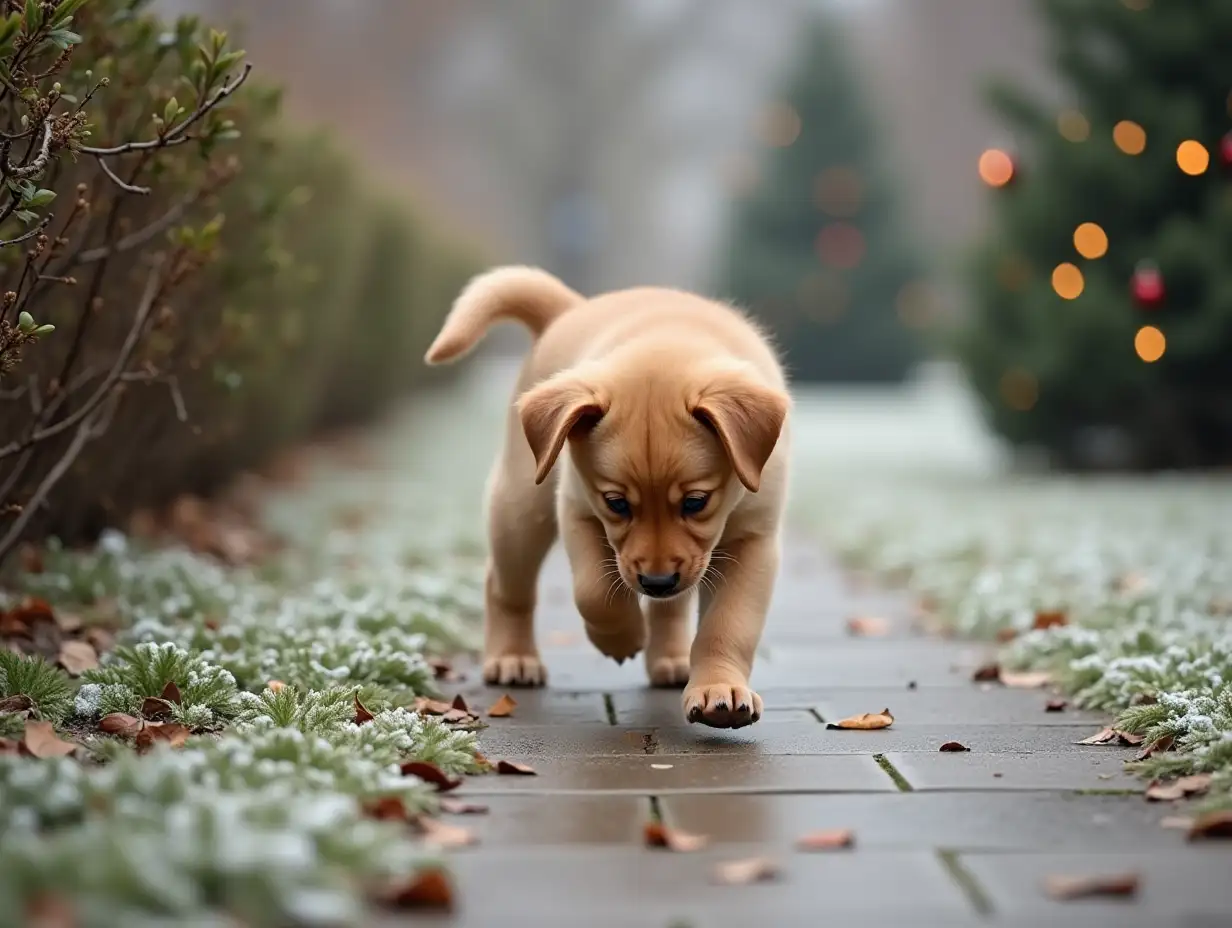 Puppy-Walking-on-Snowy-Park-Path-Sniffing-Blooming-Flower-with-Holiday-Decorations