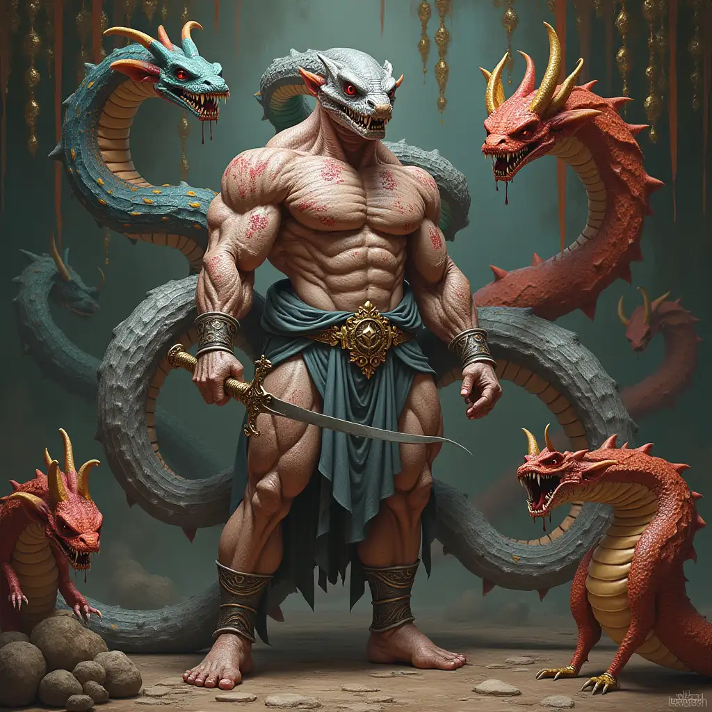 user_prompt: Ultradetailed hyperrealistic portrait of a bodybuilder with a snake body, grey-red speckled skin color with a sword and a hammer in a palace with various strange beings with intricately detailed, colorful