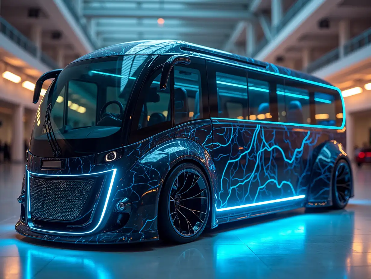 A supermodern utopian sports Omnibus with black lightning blue color,with lowered body, 18-inch rims, aluminum wheels, cream blue gold, Cyberpunk.