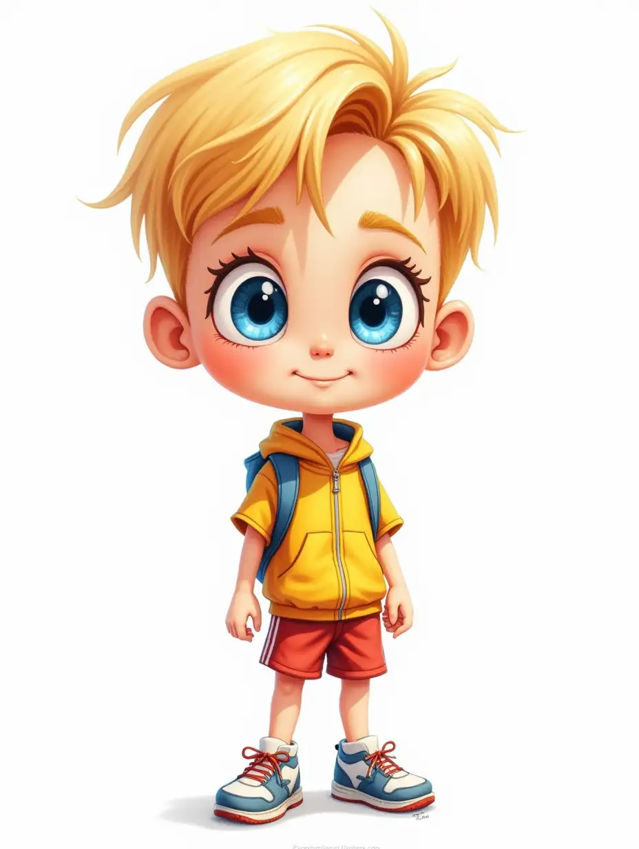 Cute caricature of a boy with big bright blue eyes, short blonde hair, wearing bright sportswear, sneakers. High detail, HD quality, white background, watercolor illustration.