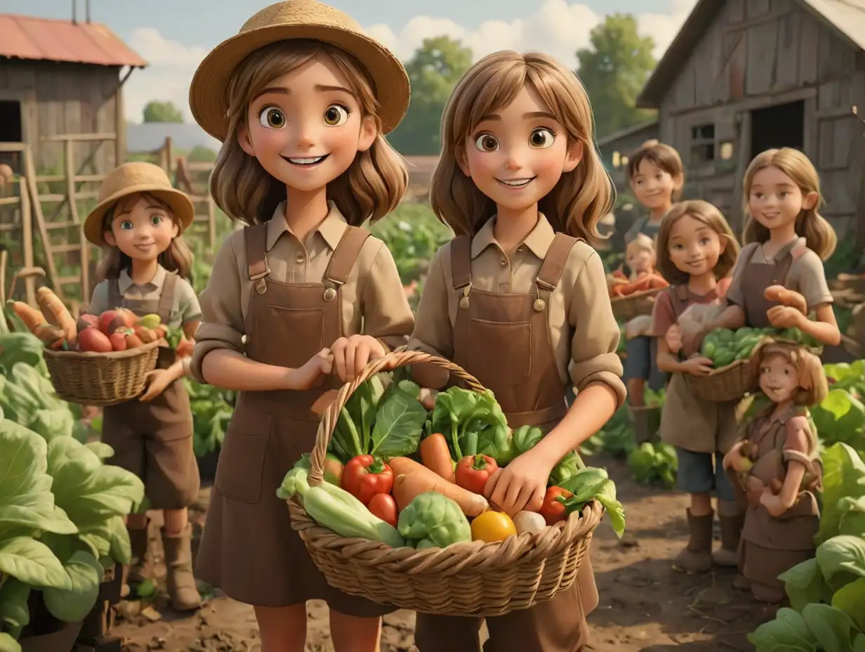 Children-and-Girl-in-Farming-Outfits-Gathering-Vegetables