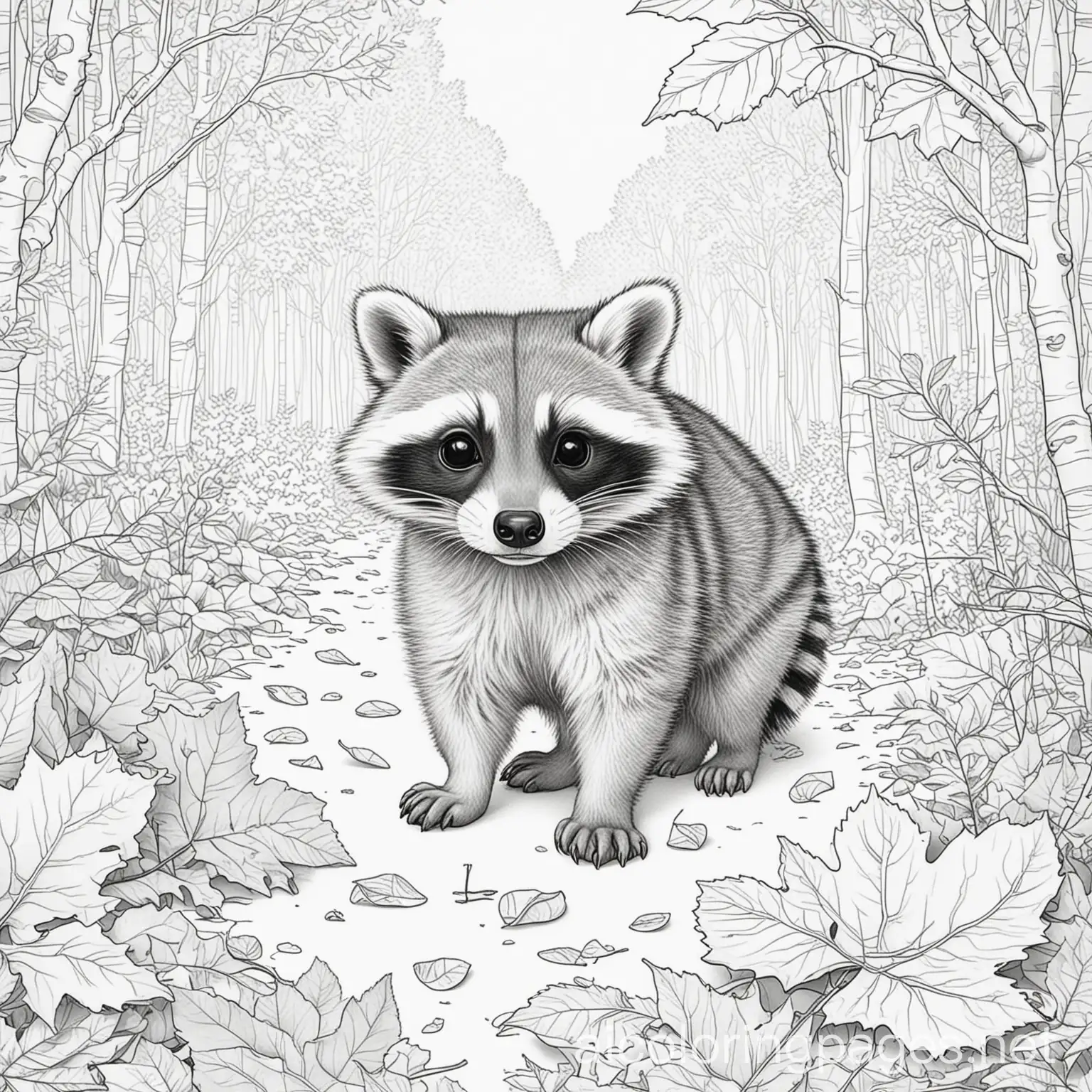 A playful raccoon kit exploring a forest clearing with fallen leaves, Coloring Page, black and white, line art, white background, Simplicity, Ample White Space. The background of the coloring page is plain white to make it easy for young children to color within the lines. The outlines of all the subjects are easy to distinguish, making it simple for kids to color without too much difficulty