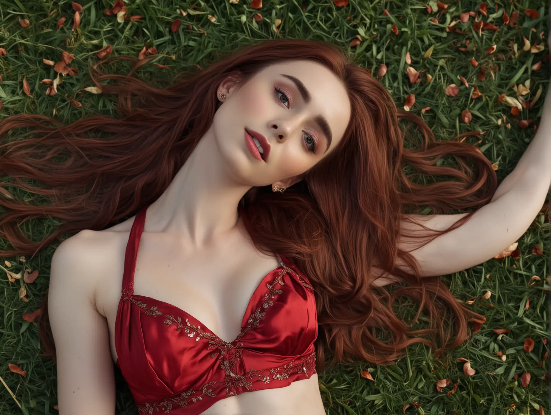 long dark red haired cute femme fatale lilly collins wearing silk with belly button and hungry look, lying on her back in nature