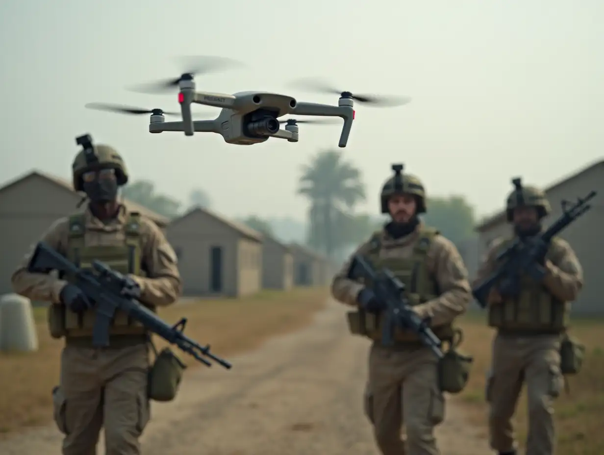 Drone flying over military base with soldiers equipping guns , don't blur the image