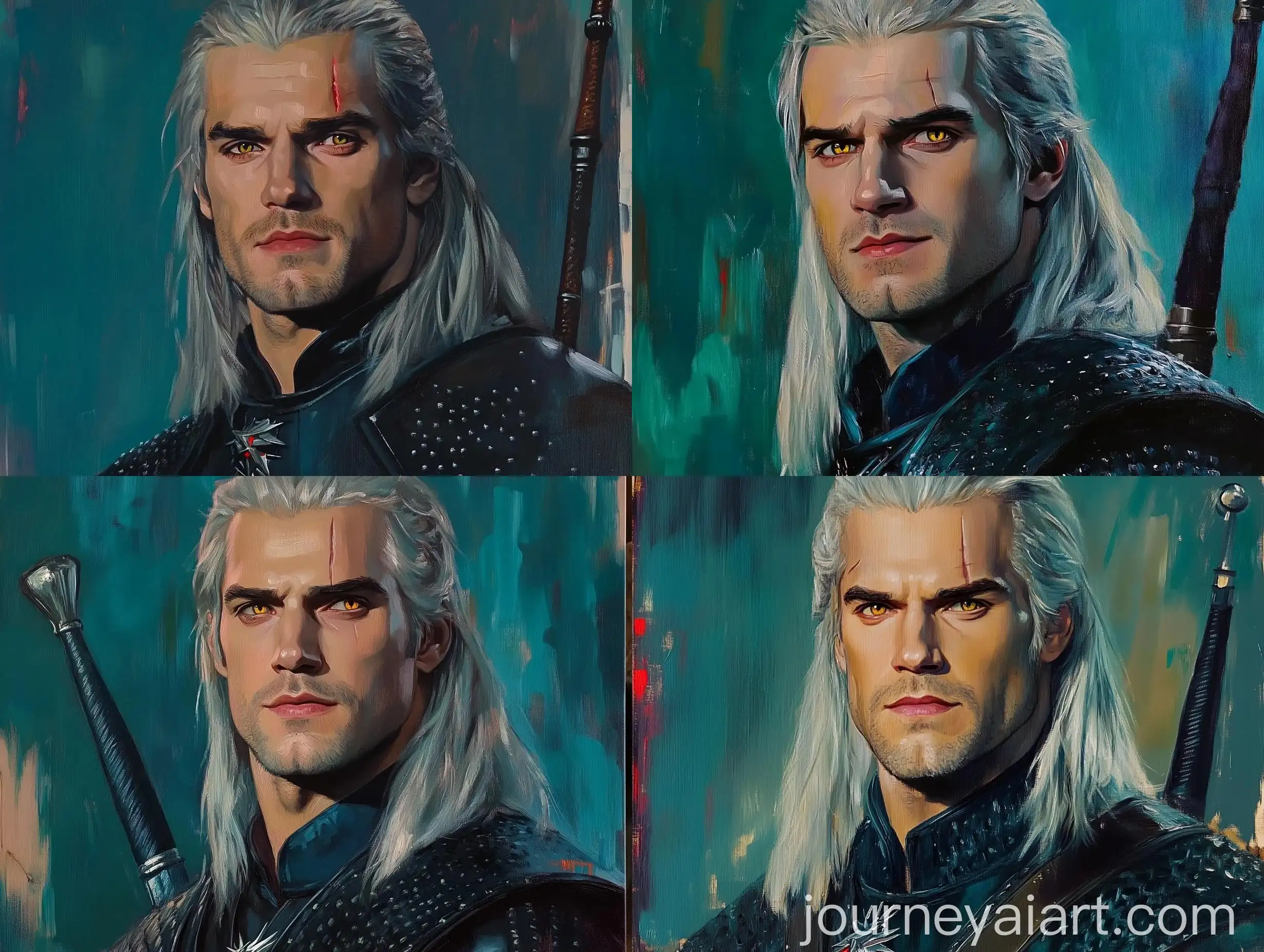 Realistic-Oil-Painting-of-Henry-Cavill-as-The-Witcher-with-Bright-Teal-and-Green-Colors