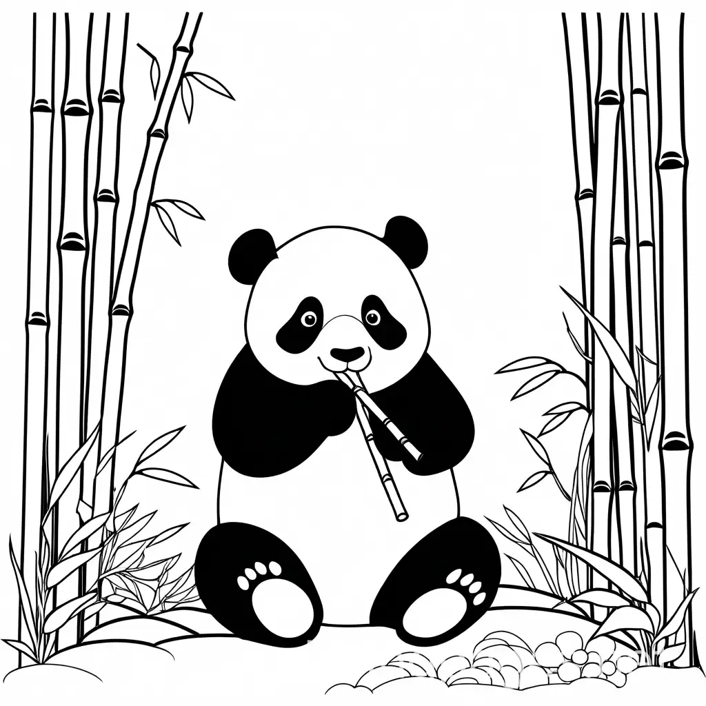 Panda eating bamboo, Coloring Page, black and white, line art, white background, Simplicity, Ample White Space. The background of the coloring page is plain white to make it easy for young children to color within the lines. The outlines of all the subjects are easy to distinguish, making it simple for kids to color without too much difficulty