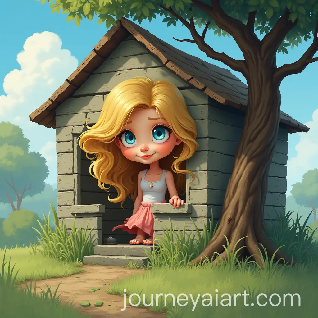 Blonde-Girl-with-Blue-Eyes-in-a-RunDown-House-Surrounded-by-Green-Grass-and-Blue-Skies