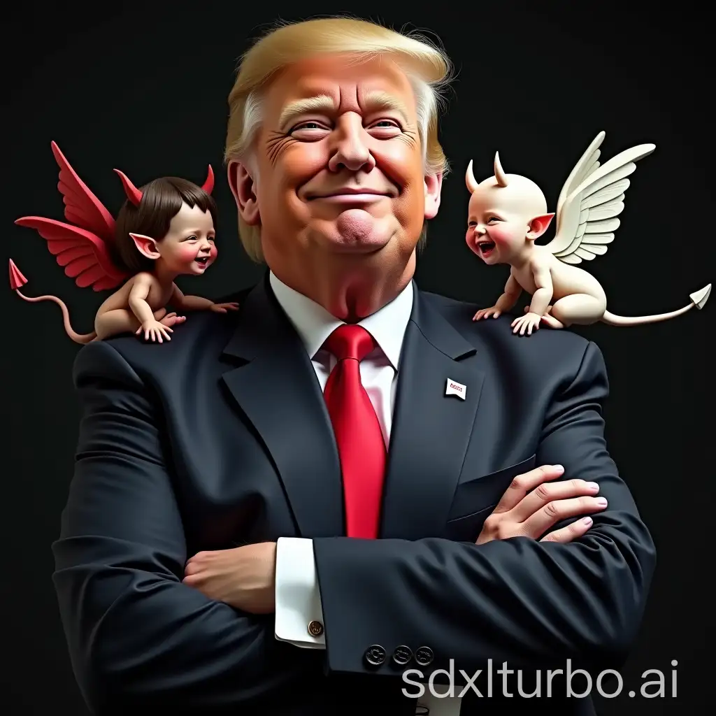 Donald Trump looks contentedly at the camera. He has his arms crossed in front of his chest. On his left shoulder sits a little devil and whispers something into his ear. On his right shoulder also sits a little devil, who is disguised as an angel and is currently laughing up a storm.