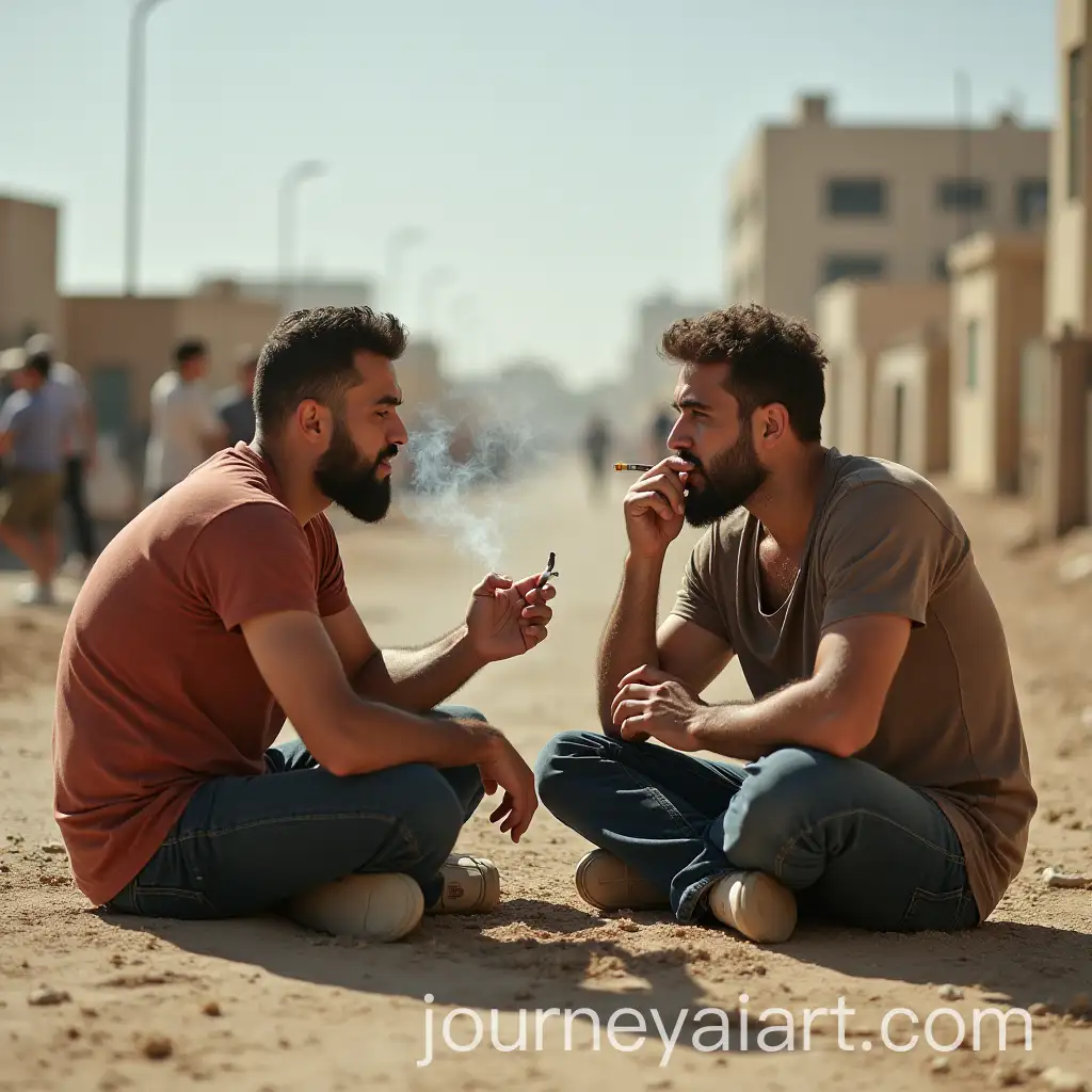 Syrian-Man-and-Friend-Sitting-on-the-Ground-Smoking-Cigarettes-in-Hot-Summer-Weather