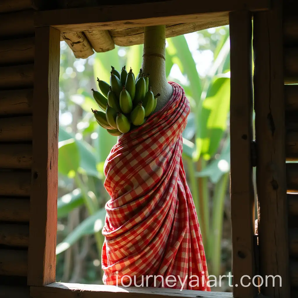 Indian-Hut-Window-View-of-Banana-Tree-in-Red-and-White-Saree