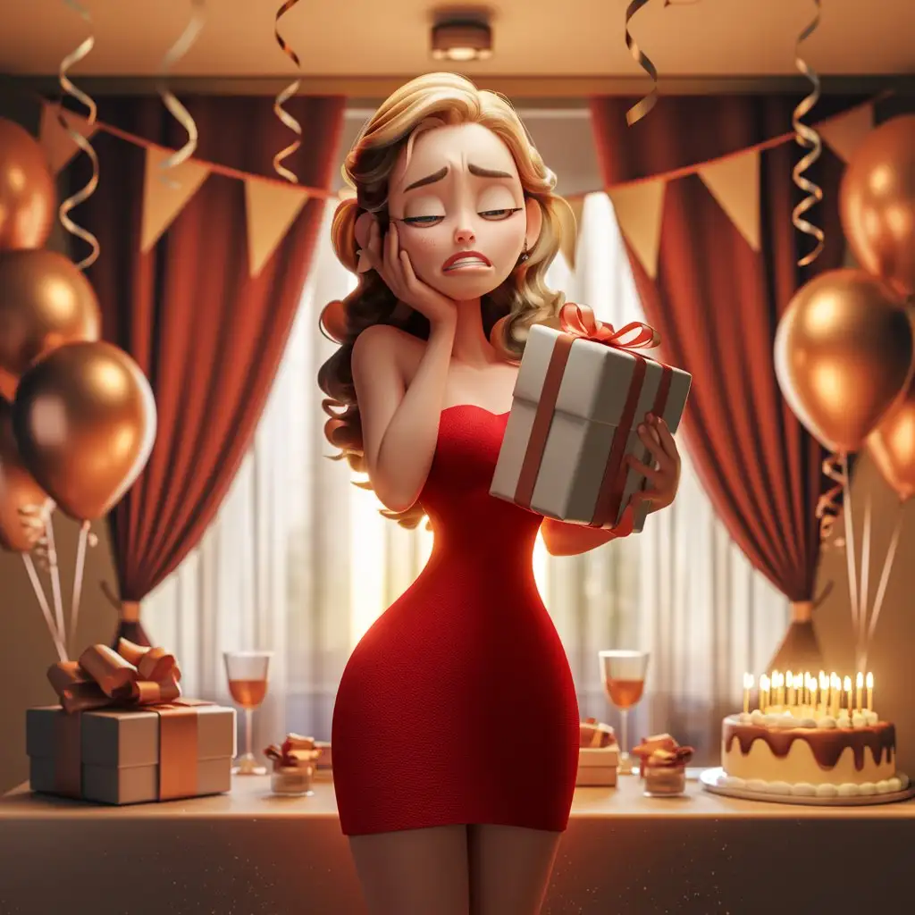 Cartoon-Woman-Rolling-Eyes-in-Disappointment-Over-Birthday-Gift-on-Holiday-Background