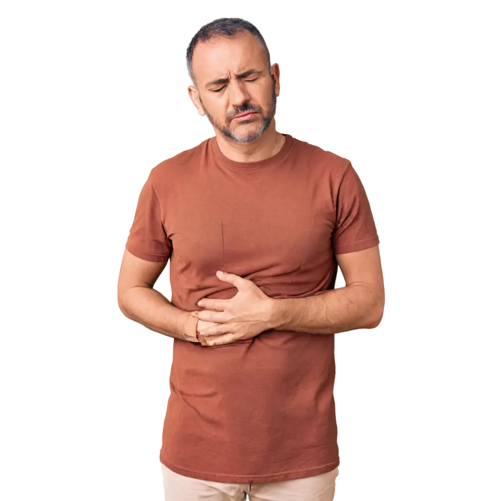 man standing with hands on his stomach pain with sad face expression