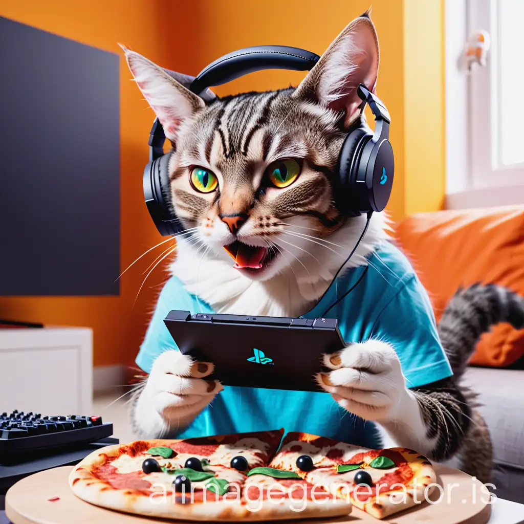 gamer cat with headphones on playing Playstation and eating pizza
