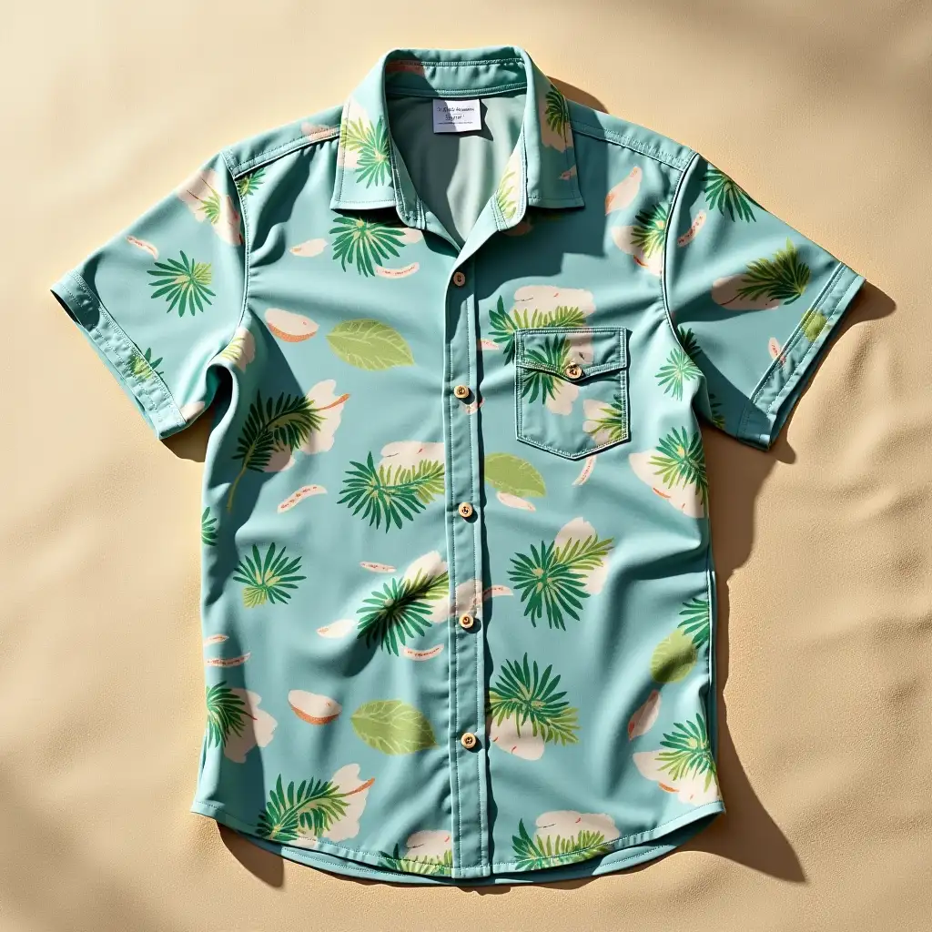 tropical short sleeved button shirt laying on Caribbean sand